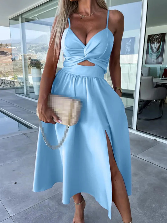 Robe d’Été à Bretelles Col V – Élégance Fluide & Style Corset Décontracté